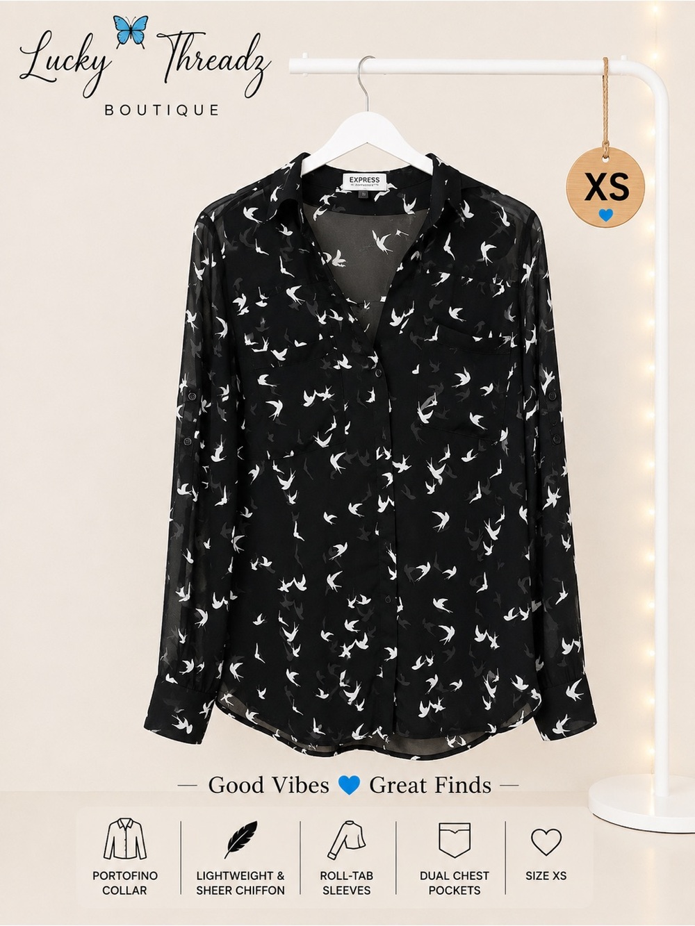 Express Black Sheer Button-Down Blouse with White Bird Print Size XS